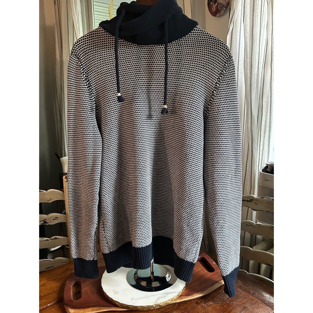 Celio Men's Micro-Knit Cowl Neck Sweater Size M Navy Blue White 100% Cotton